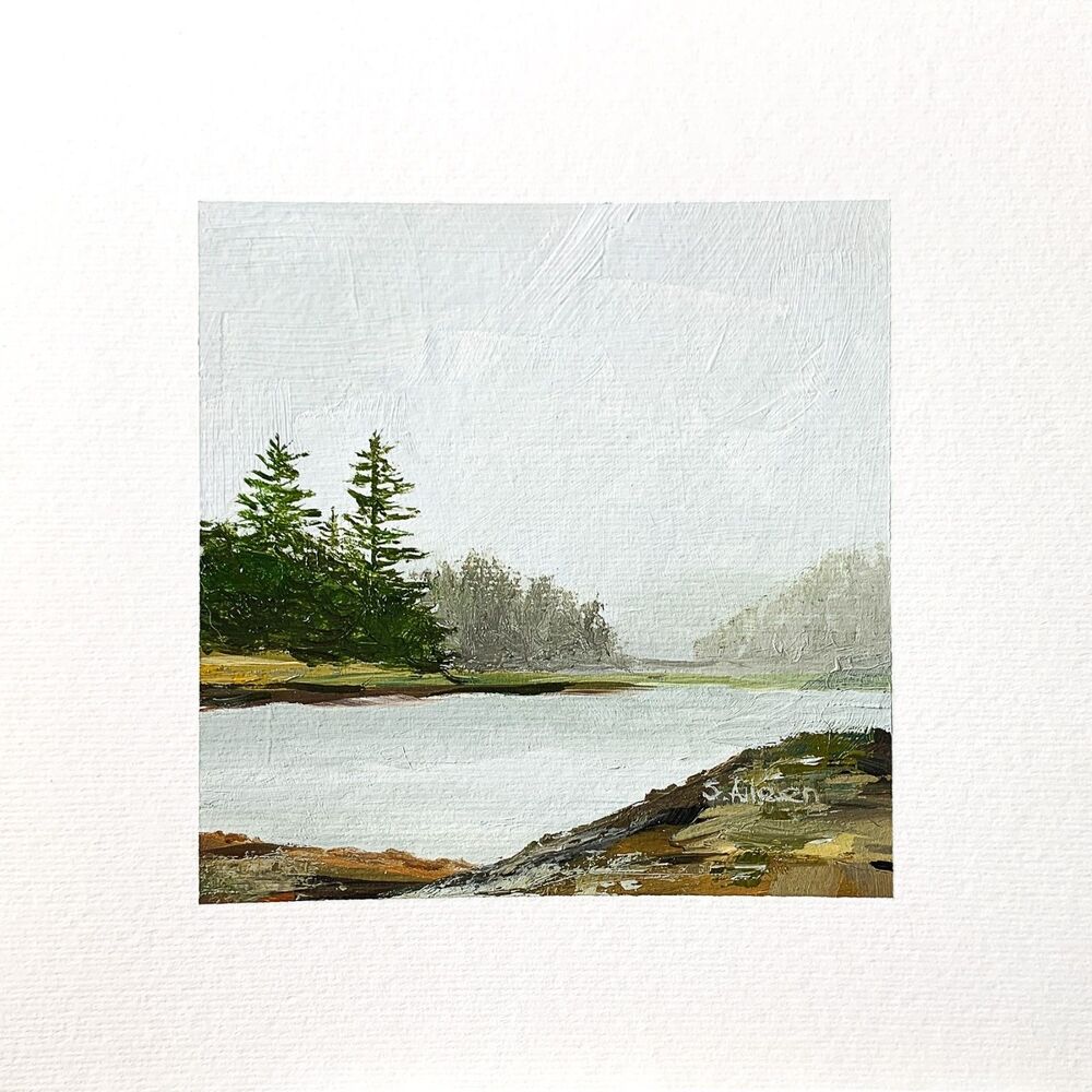 8x8 Maine Original Oil Painting Acadia Bass Harbor New England Moody Art Signed